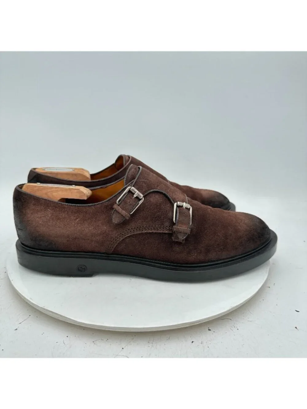 Gucci Men Size UK 9 US 9.5 Dark Brown Suede Double Monk Strap Dress Shoes